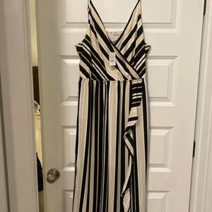 Loft Black White Tan Bold Striped Maxi Dress Strappy Comfort Ruffle front Sz XL